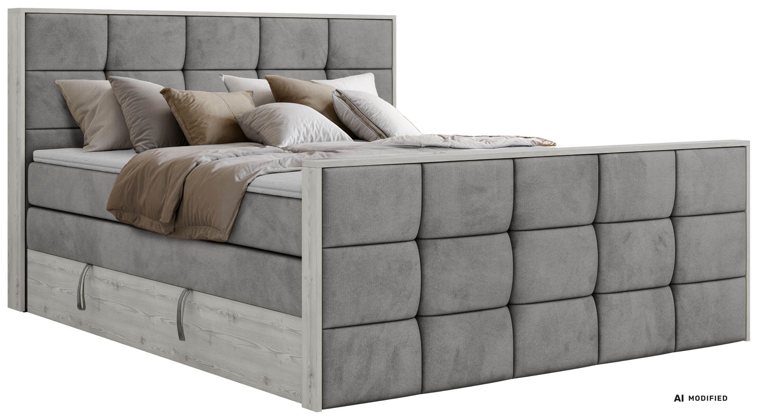 BOXSPRINGBETT ALNOR KING DUO 180/200 - Hellgrau Velvet - Topper Visco - H3 - Hellgrau/Schwarz, Kunststoff/Textil (180/200cm) - MKS