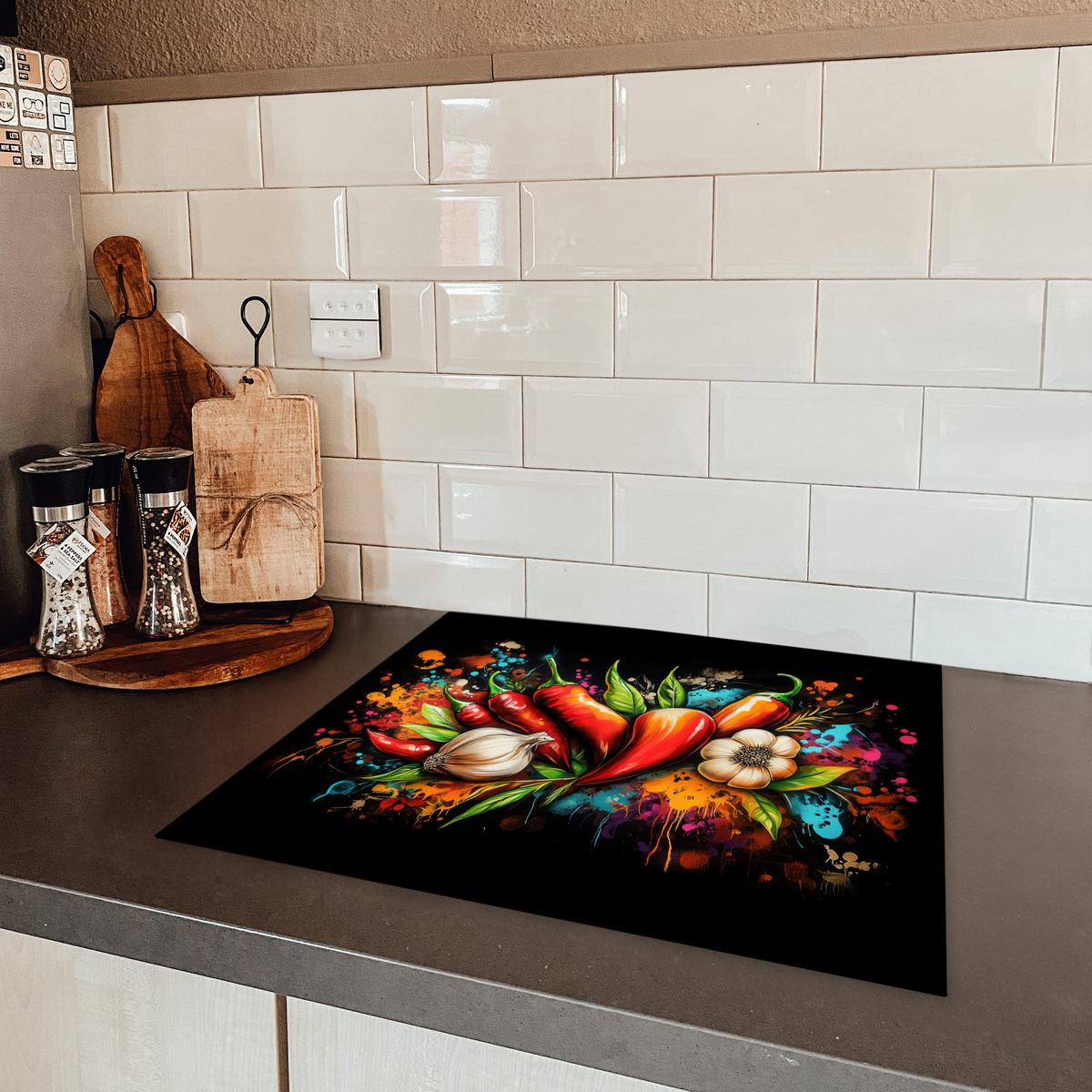HERDABDECKPLATTE Gemüse - Paprika - Knoblauch - Graffiti - Farbe - Bunt Ceranfeldabdeckung 59x52 cm - Rot, Kunststoff (59/52/0.2cm) - MuchoWow