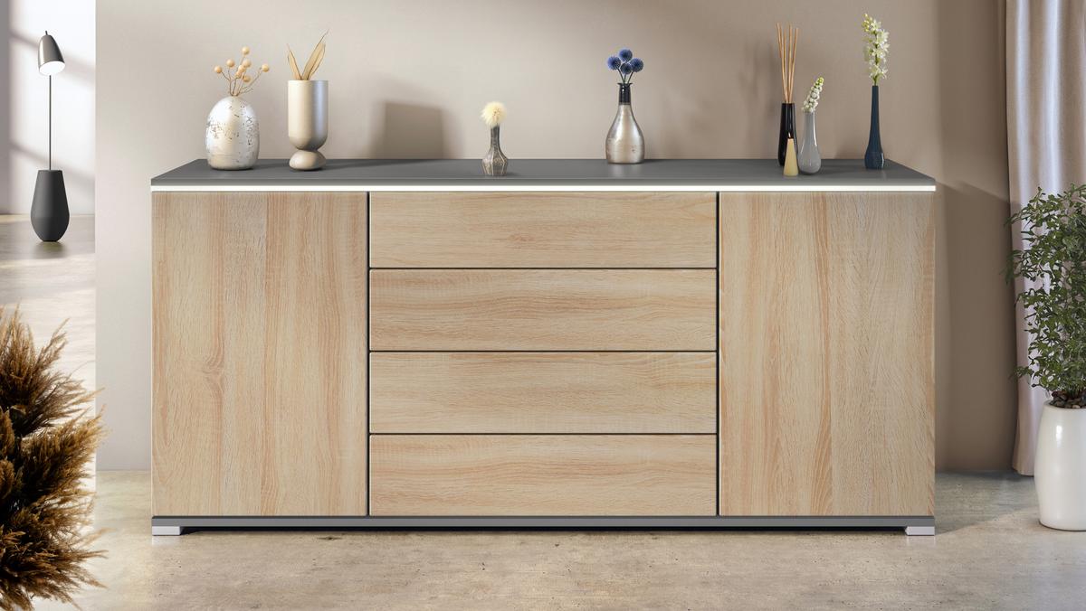SIDEBOARD Faro Eiche sägerau - Hellbraun, Holzwerkstoff (166.5/75.5/35cm) - Vladon