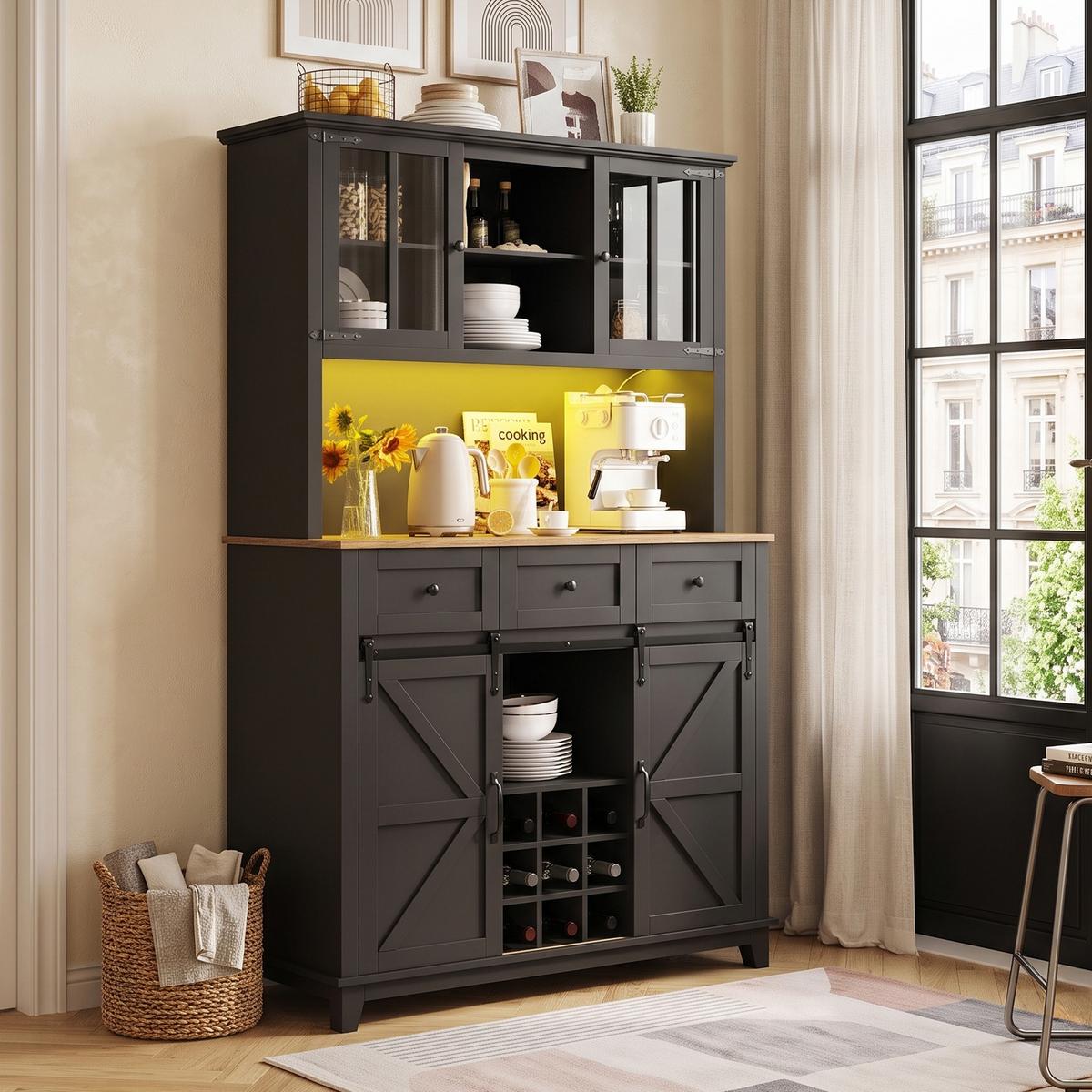 BUFFETSCHRANK Schwarz 105x180cm mit LED-Beleuchtung, Glastüren & Weinregal - Schwarz, Holzwerkstoff (105/180/38.4cm) - Urban Meuble
