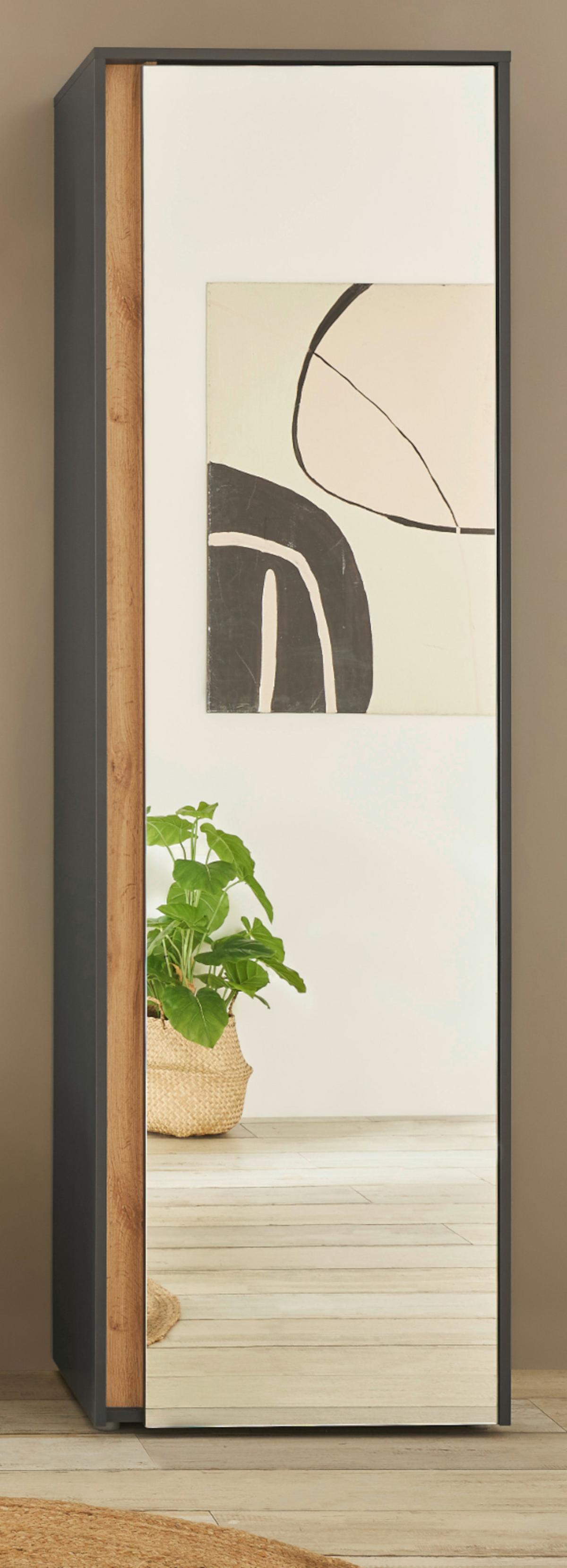 GARDEROBENSCHRANK grau matt, Eiche Wotan 60 cm, Flurschrank mit Spiegel - Eiche Wotan/Silberfarben, Glas/Holzwerkstoff (60/200/40cm) - Furn.Design