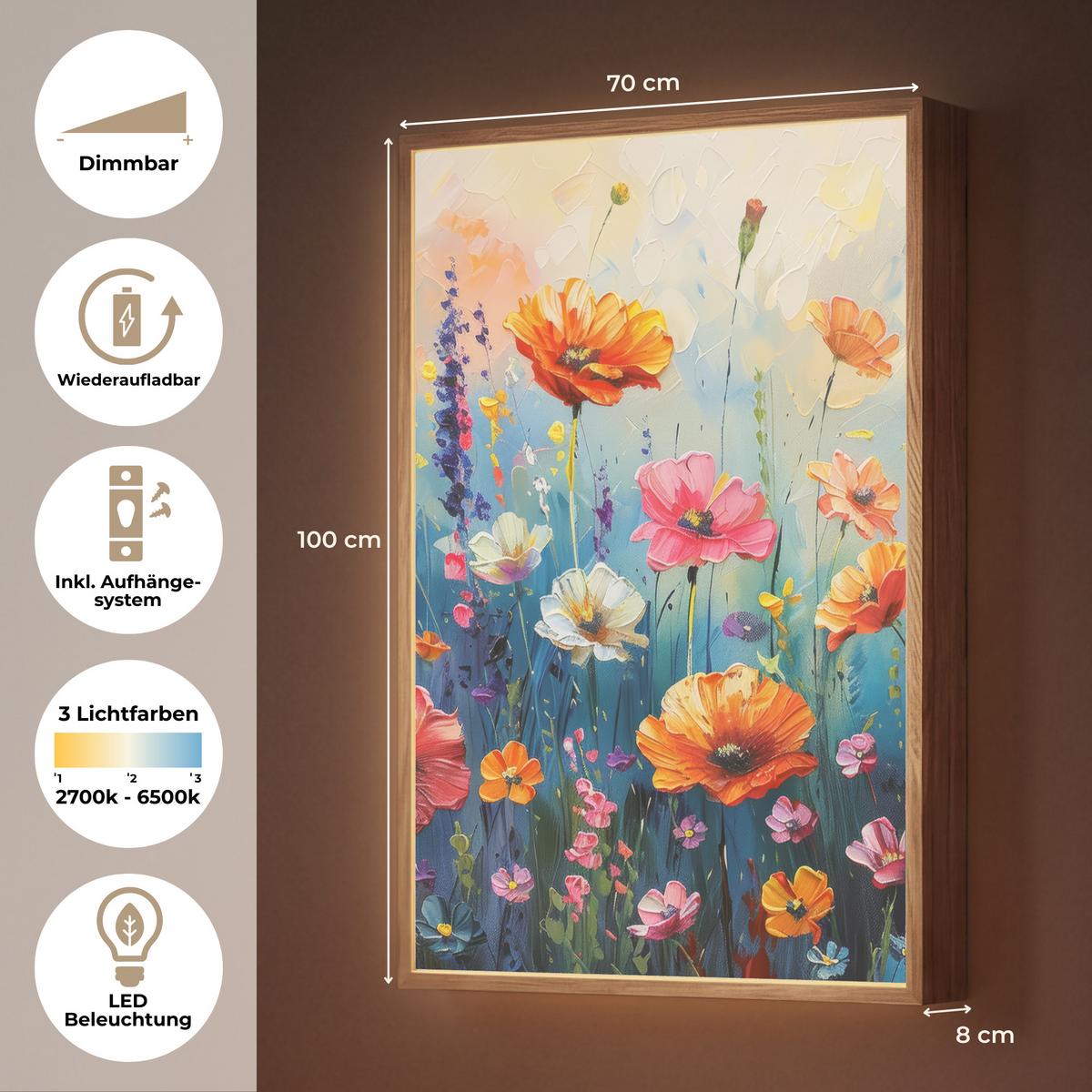 WANDLEUCHTE MIT AKKU Blumen - Natur - Aquarell - Kunst 70x100 cm - Multicolor, Holzwerkstoff (70/100/8cm) - OnlyWow