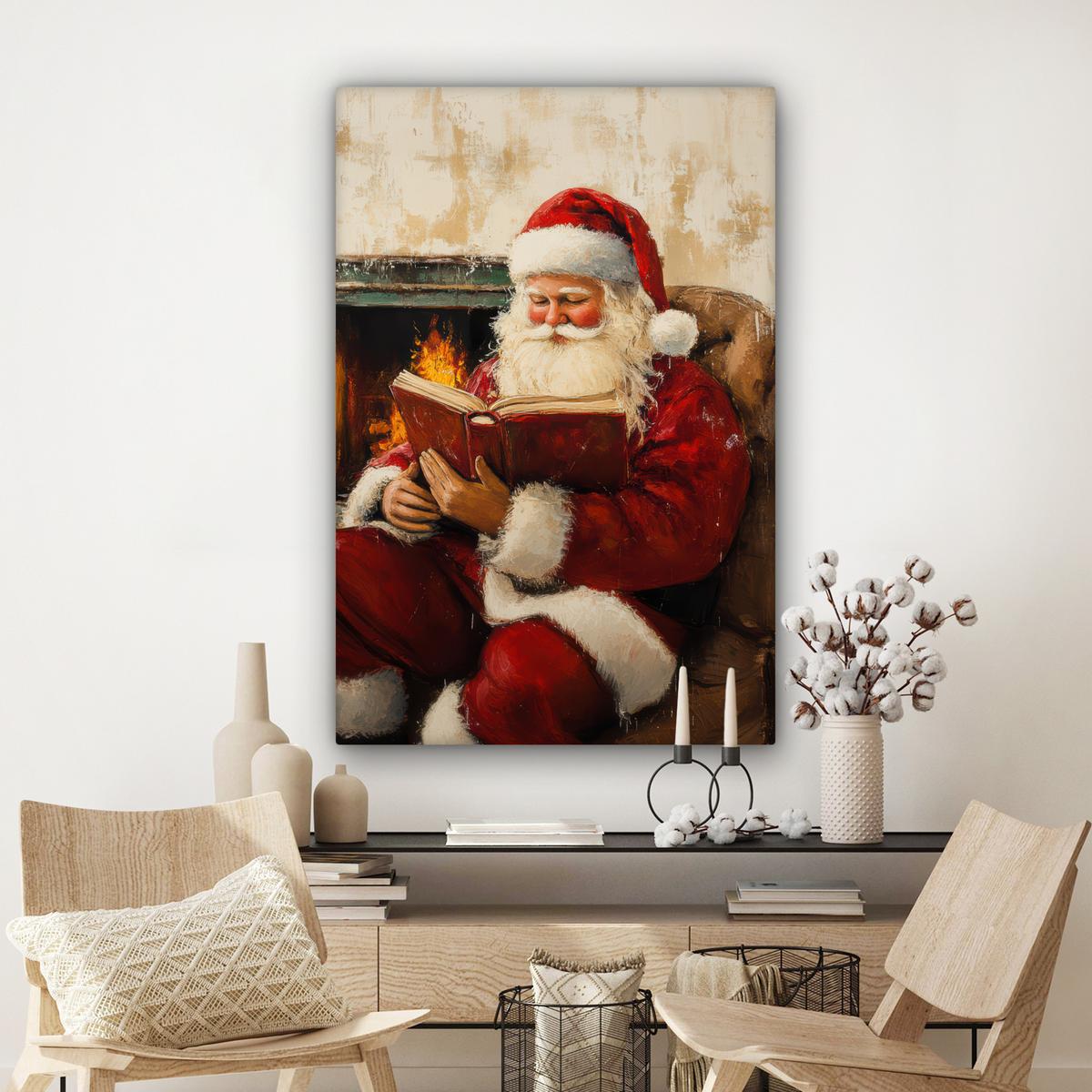 LEINWANDBILD Weihnachten - Weihnachtsmann - Winter - Open Fireside Deko XXL 80x120 cm - Dunkelrot, Textil (80/120cm) - MuchoWow