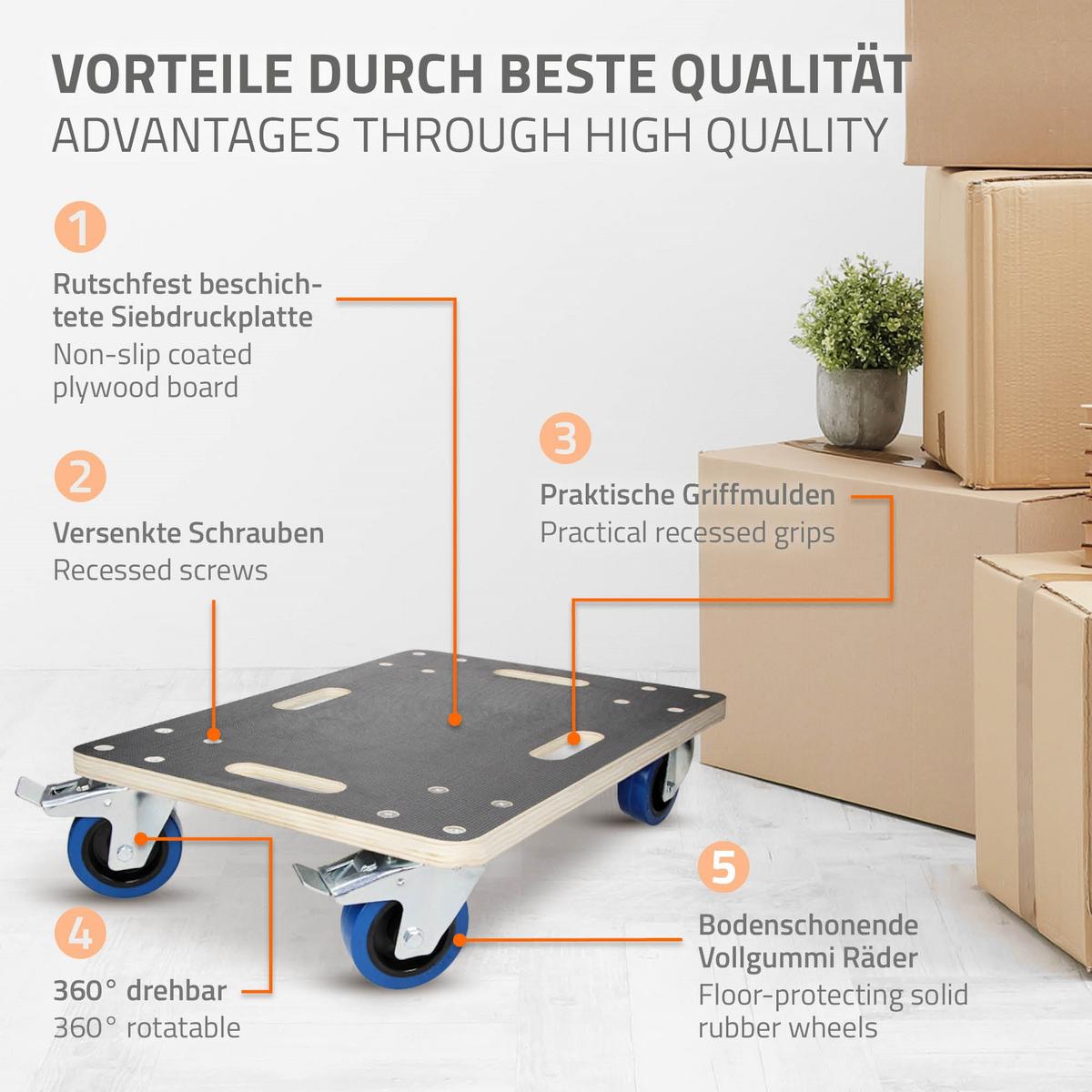 TRANSPORTROLLER 2er Set mit 4 Rollen 2 mit Bremsen 35x50 cm Traglast 800kg Siebdruck Holzplatte Black - Dunkelgrau, Holzwerkstoff (50/35/14.5cm) - ECD-Germany