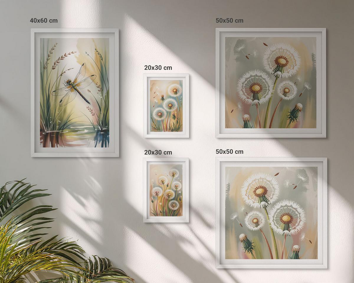 BILDER SET 5er Set - 50x50 cm & 20x30 cm & 40x60 cm Weißer Rahmen - Pastellfarbene Löwenzahnblüten - Weiß, Kunststoff (40/60cm) - TULUP