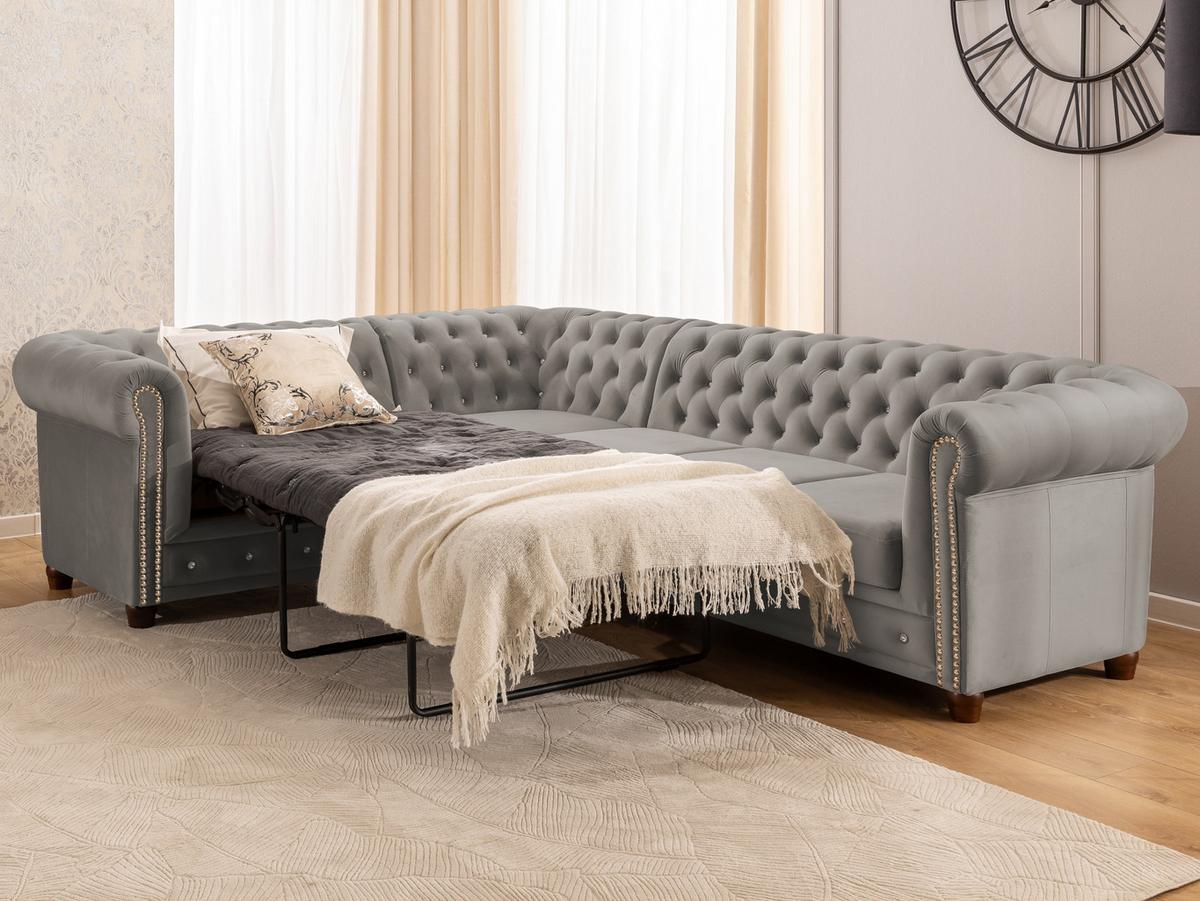ECKSOFA mit Schlaffunktion Chesterfield Grau Samt mit Kristallsteppung und braunen Massivholzfüßen - Ottomane Links - Braun/Grau, Holz/Textil (264/210cm) - S-Style Möbel