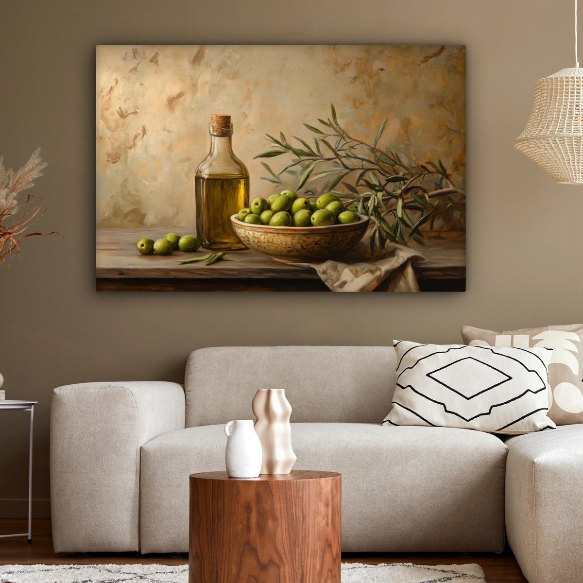 LEINWANDBILD Oliven - Stilleben - Vintage Groß 140x90 cm - Olivgrün, Textil (140/90cm) - MuchoWow