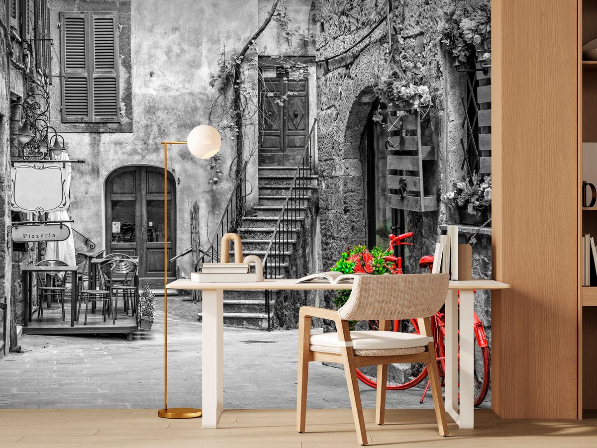 FOTOTAPETE für Wohnzimmer Italienische Gasse Rotes Fahrrad Toskana 400x280 - Rot/Schwarz, Papier (400/280cm) - Muralo