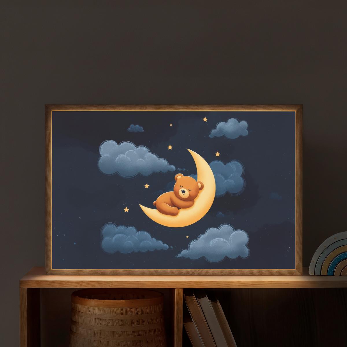 WANDLEUCHTE MIT AKKU Teddybär - Mond - Wolken - Sterne 60x40 cm - Dunkelblau, Holzwerkstoff (60/40/8cm) - OnlyWow