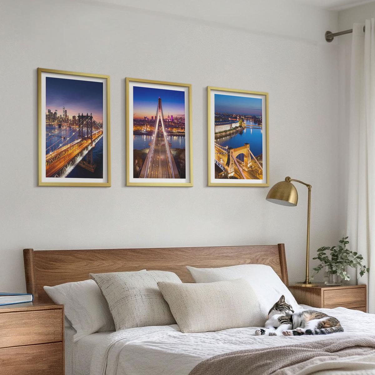 BILDER SET 3er Set - 40x60 cm Goldrahmen - Städte bei Nacht, Brücken, Flüsse - Goldfarben, Kunststoff (40/60cm) - TULUP