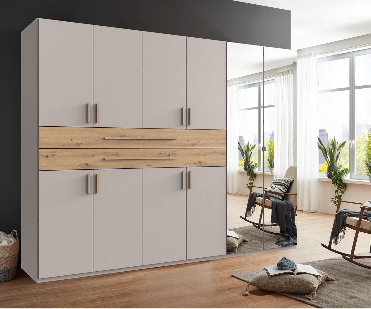 DREHTÜRENSCHRANK B270/H208/T58 cm Beige Grau, Kleiderschrank mit 2 Spiegeltüren, 2 großen Schubkästen & Griffen in Eiche Artisan Dekor / 22648 - Greige/Eiche Artisan, Holzwerkstoff/Kunststoff (270/208/58cm) - luma-home