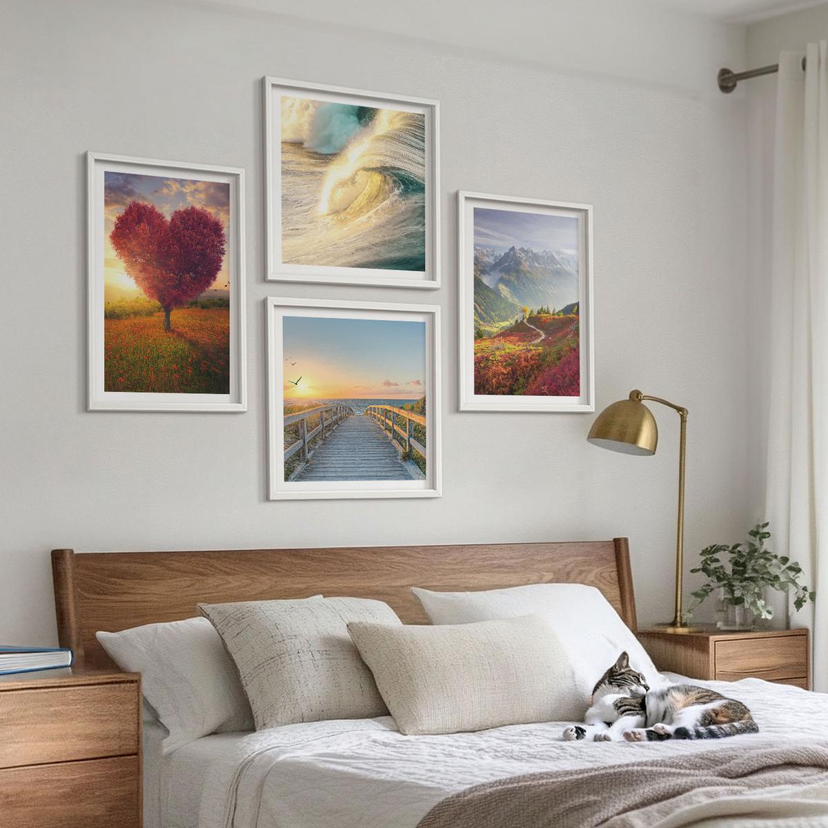 BILDER SET 4er Set - 50x50 cm & 40x60 cm Weißer Rahmen - Landschaften Berge Wellen Baum Herz Pier - Weiß, Kunststoff (50/50cm) - TULUP