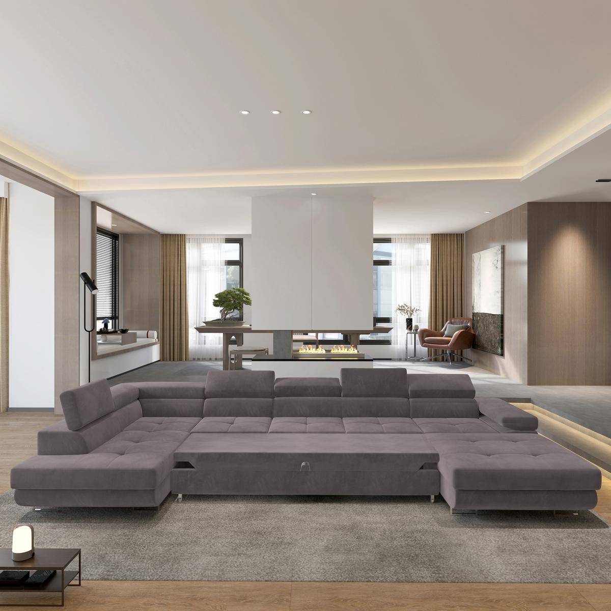 WOHNLANDSCHAFT TORIVA L-S Lila Velours-Stoff mit Schlaffunktion - Lila, Holz (418/90/202cm) - MASSENO
