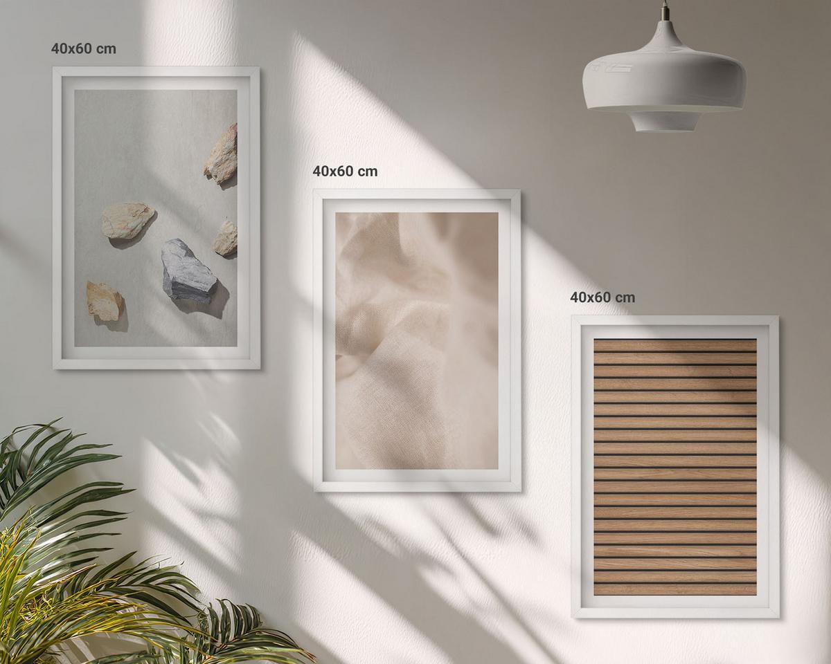 BILDER SET 3er Set - 40x60 cm Weißer Rahmen - Steine, Holz, Stofftexturen - Weiß, Kunststoff (40/60cm) - TULUP