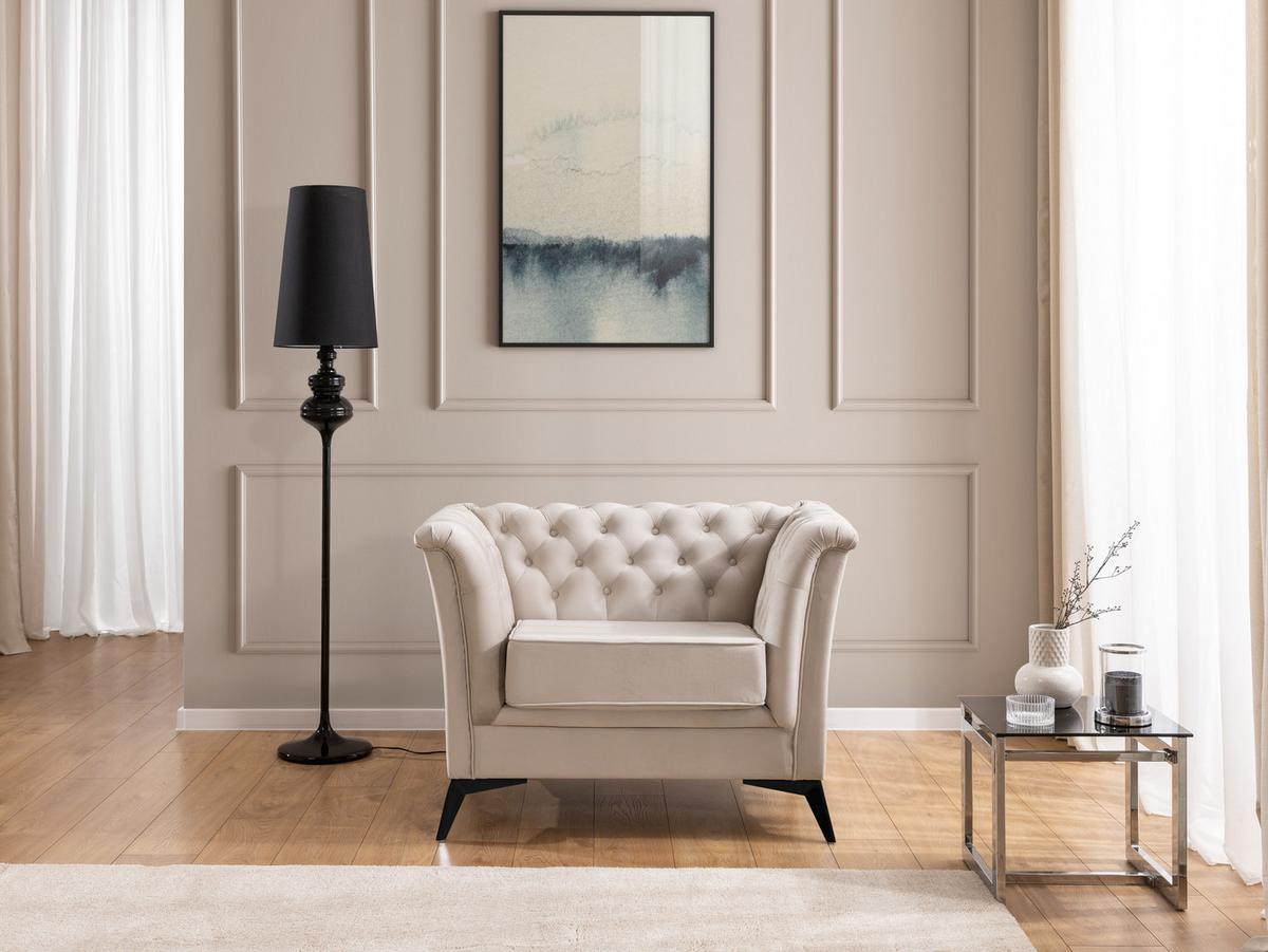 SITZGARNITUR 3+2+1 Chesterfield Whitby Beige Samt mit schwarzen Füßen - Beige/Schwarz, Holz/Textil (237/78/82cm) - S-Style Möbel