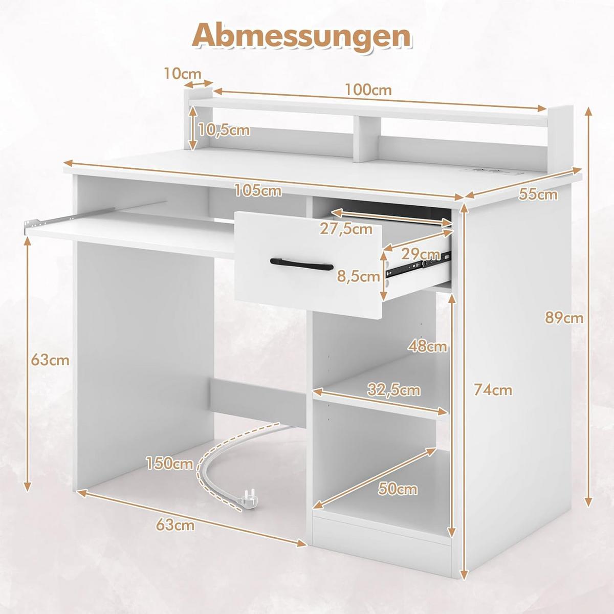 COMPUTERTISCH weiß - Weiß, Holzwerkstoff (55/105/89cm) - COSTWAY