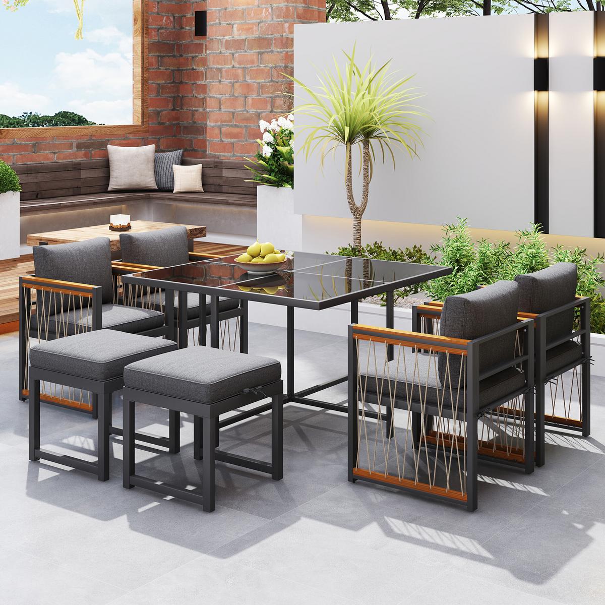 GARTENMÖBEL-SETS mit Sitzkissen 7-teilig - Grau, Glas/Metall - Urban Meuble