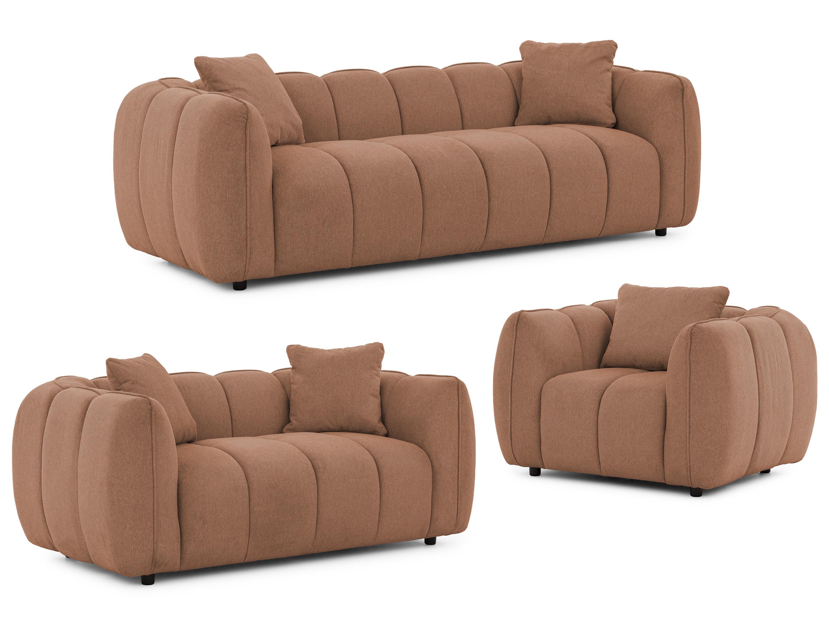 SITZGARNITUR 3+2+1 Nubira in tief gesteppter Bubble-Optik aus weichem Terrakotta Strukturstoff im modernen Design - Terracotta/Schwarz, Holz/Kunststoff (228/69/89cm) - S-Style Möbel