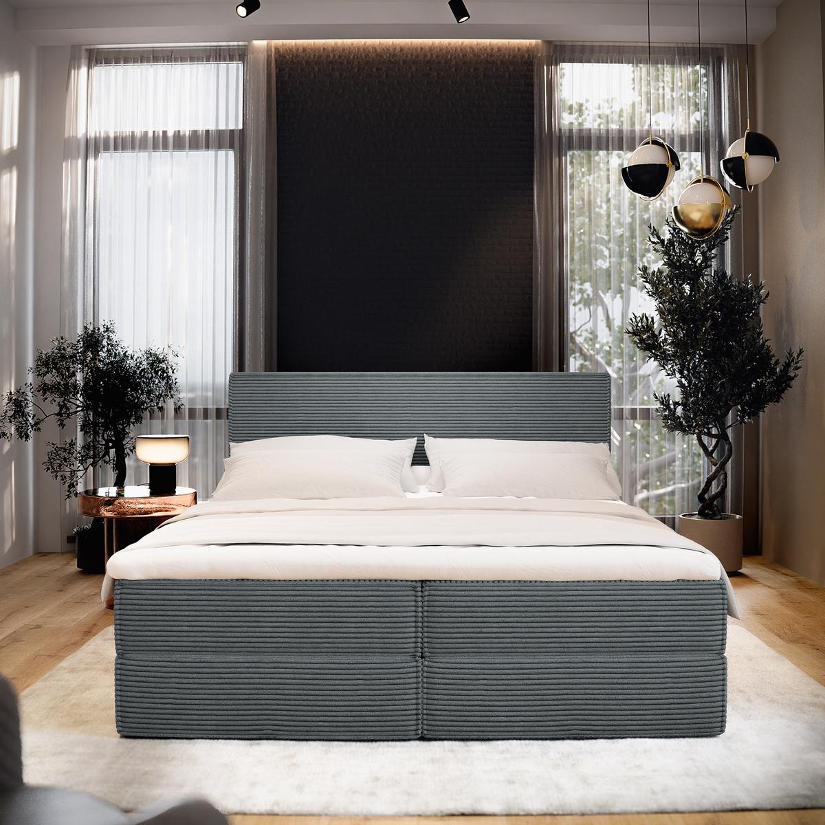 BOXBETT PELLIO 160x200 cm mit Matratze und Topper - Grau - Grau, Holz (160/200cm) - MASSENO