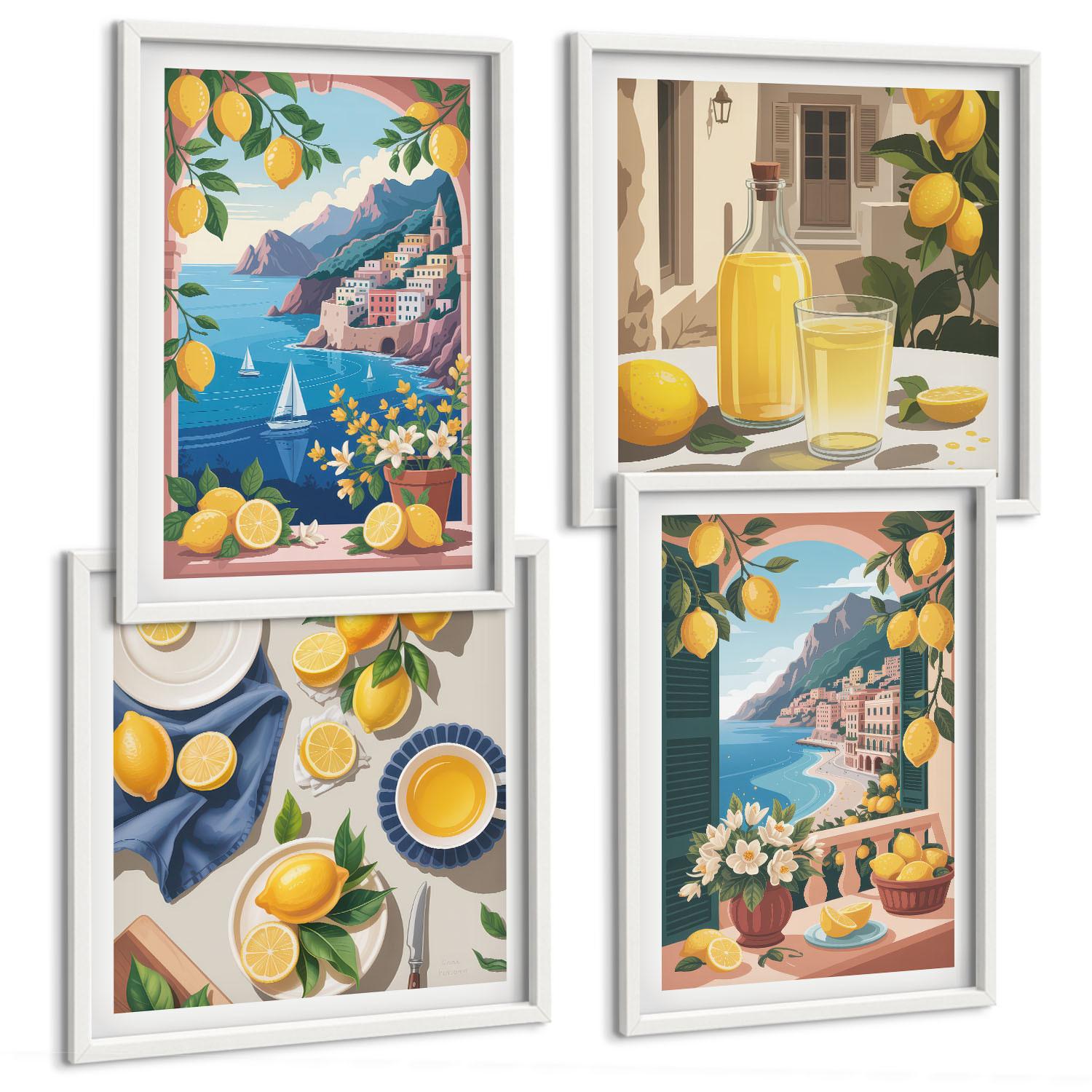 BILDER SET 4er Set - 50x50 cm & 40x60 cm Weißer Rahmen - Meerblick, italienische Zitronen - Weiß, Kunststoff (50/50cm) - TULUP
