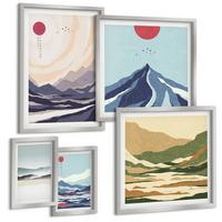 BILDER SET 5er Set - 50x50 cm & 20x30 cm & 40x60 cm Silberner Rahmen - Farbenfrohe abstrakte Flussberge - Silberfarben, Kunststoff (40/60cm) - TULUP