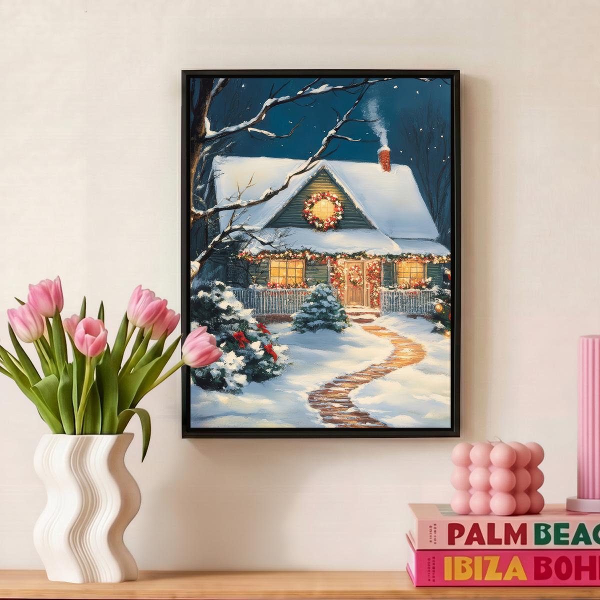 LEINWAND Bilder mit Rahmen - Weihnachten - Weihnachtsbaum - Winter - Zuhause - Schnee - 30x40 - Smaragdgrün, Textil (30/40cm) - MuchoWow