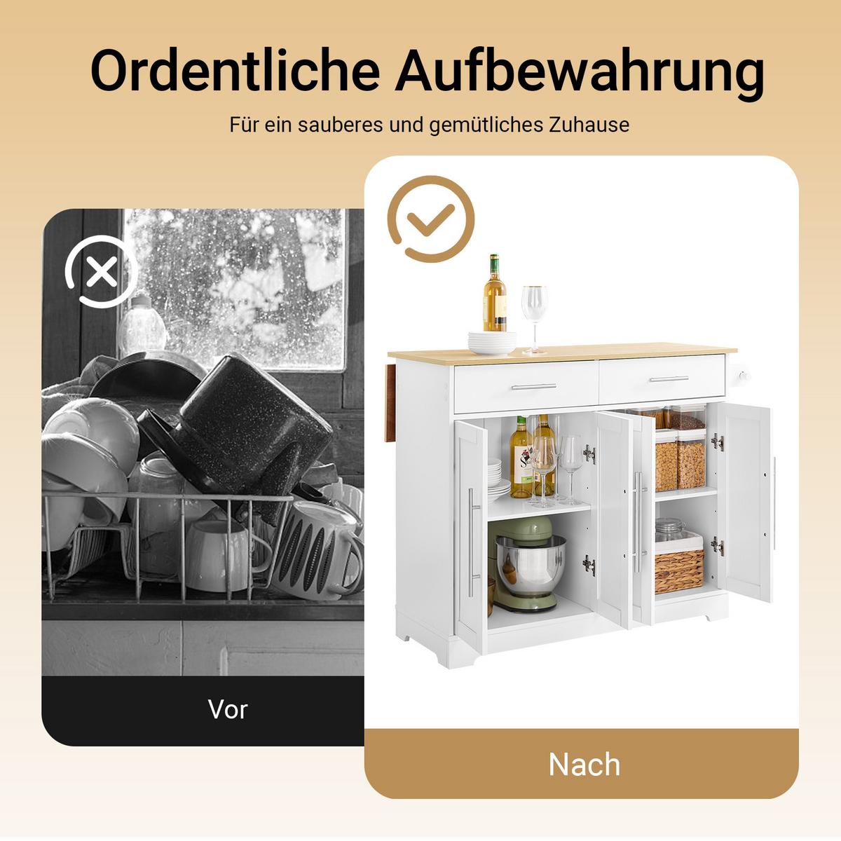 KÜCHENINSEL mit ausziehbarer Arbeitsplatte, Weiß-Natur 113x91x(44-69) cm - Weiß, Holzwerkstoff (113/91/69cm) - SoBuy