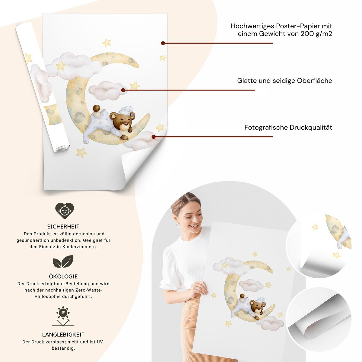 POSTER SET für Kinderzimmer Teddybären Monde Wolken Sterne 3x Poster A3 30x42cm - Gelb/Beige, Papier (30/42/1cm) - Muralo