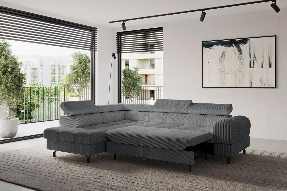 ECKSOFA mit Schlaffunktion Ottomane Links LUMA-L 272x203x70 Dunkelgrau Cord - Graphitfarben/Schwarz, Holzwerkstoff/Kunststoff (272/203cm) - ALTDECOR