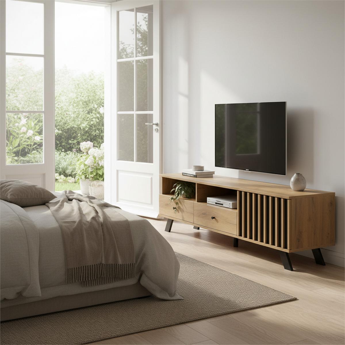 TV-SCHRANK 150 cm 2 Schubladen, 1 Schrank, Holzfarbe & Schwarz Für 60-Zoll Fernseher, Lowboard mit Kabelmanagement - Walnussfarben, Holzwerkstoff (150/44/38cm) - Urban Meuble