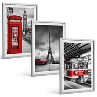 BILDER SET 3er Set - 40x60 cm Silberner Rahmen - Ikonen London Paris Verkehr - Silberfarben, Kunststoff (40/60cm) - TULUP