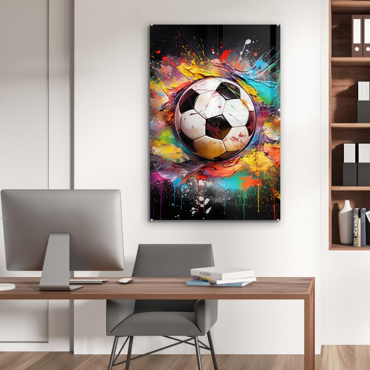 ACRYLGLASBILD Fußball - Farbe - Farben - Schwarz - Weiß 80x120 cm - Weiß, Glas (80/120cm) - MuchoWow