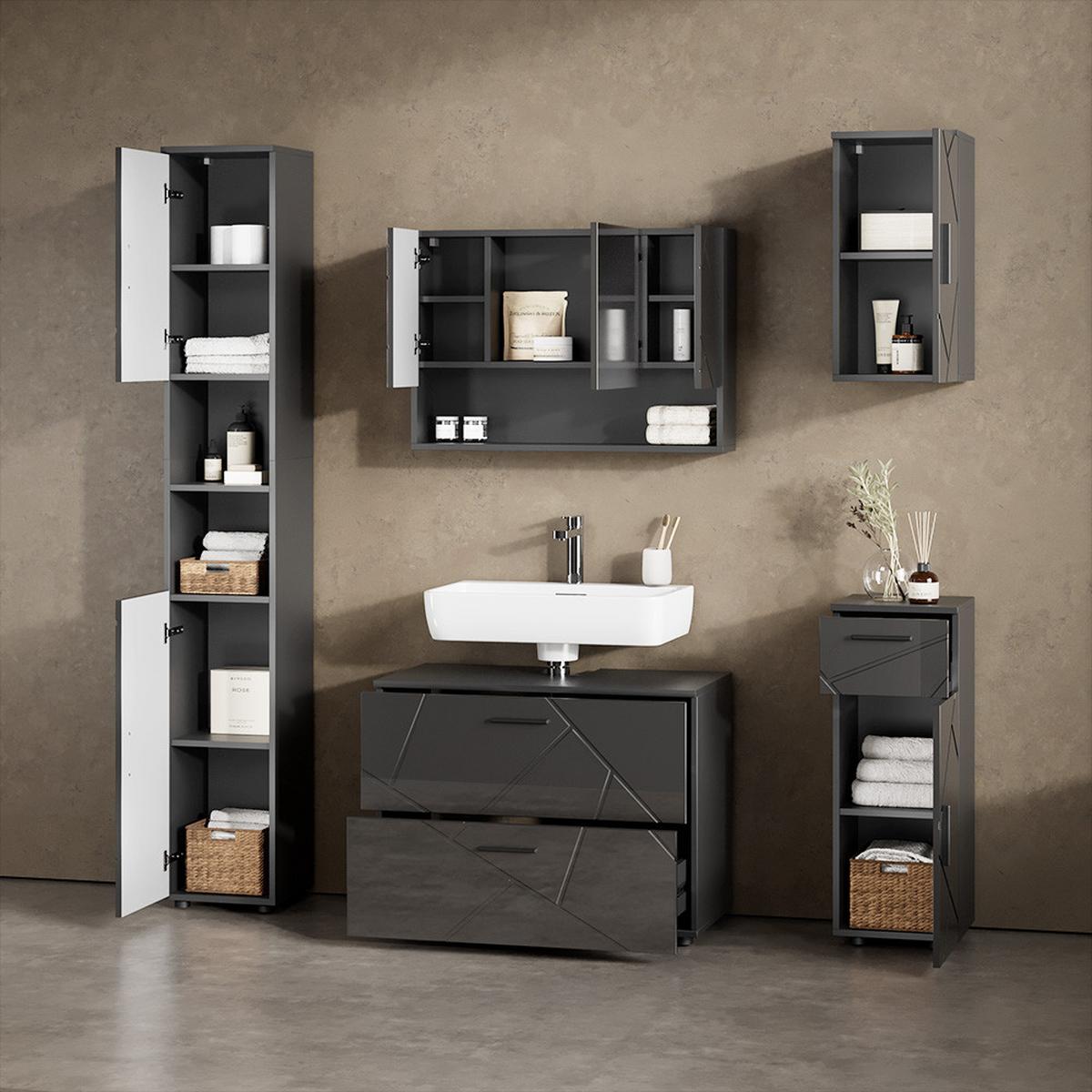 WASCHBECKENUNTERSCHRANK Ronco Anthrazit Hochglanz 80 x 58.6 cm - Schwarz Hochglanz, Holzwerkstoff (80/58.6/41cm) - Livinity®