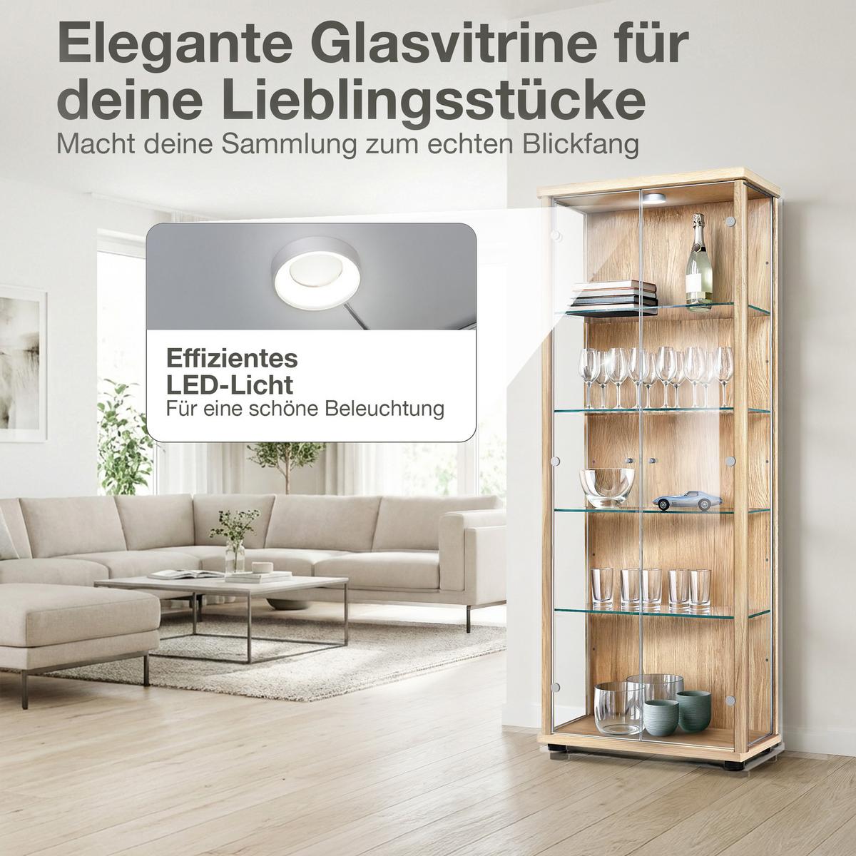 VITRINE 33/67/176 cm mit LED & 4 höhenverstellbaren Glasböden - Transparent/Silberfarben, Glas/Holzwerkstoff (67/176/33cm) - K-Möbel