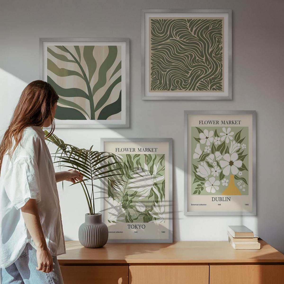 BILDER SET 4er Set - 50x50 cm & 40x60 cm Silberner Rahmen - Pflanzenmuster, Boho-Dekorationen - Silberfarben, Kunststoff (50/50cm) - TULUP