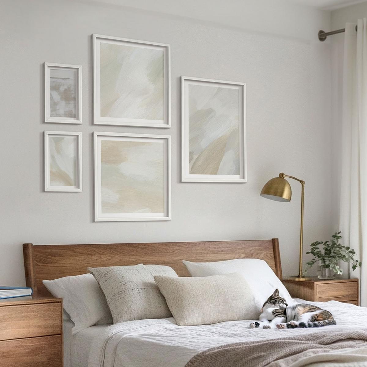 BILDER SET 5er Set - 50x50 cm & 20x30 cm & 40x60 cm Weißer Rahmen - Abstrakte Pinselmalerei auf Leinwand - Weiß, Kunststoff (40/60cm) - TULUP