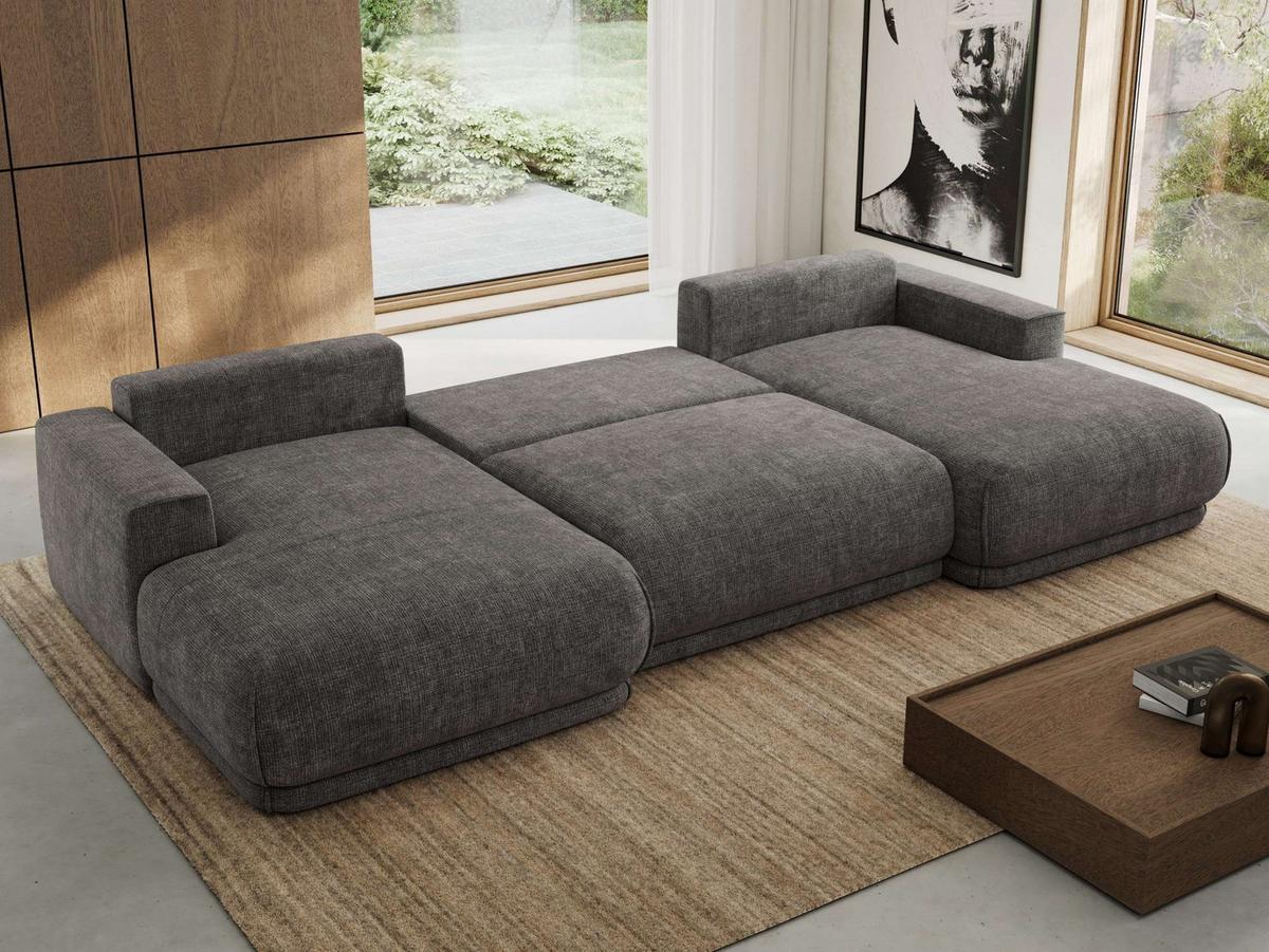 WOHNLANDSCHAFT RINA U Grau Schenille grob gewebt - Schwarz/Grau, Kunststoff/Textil (360/85/170cm) - MKS