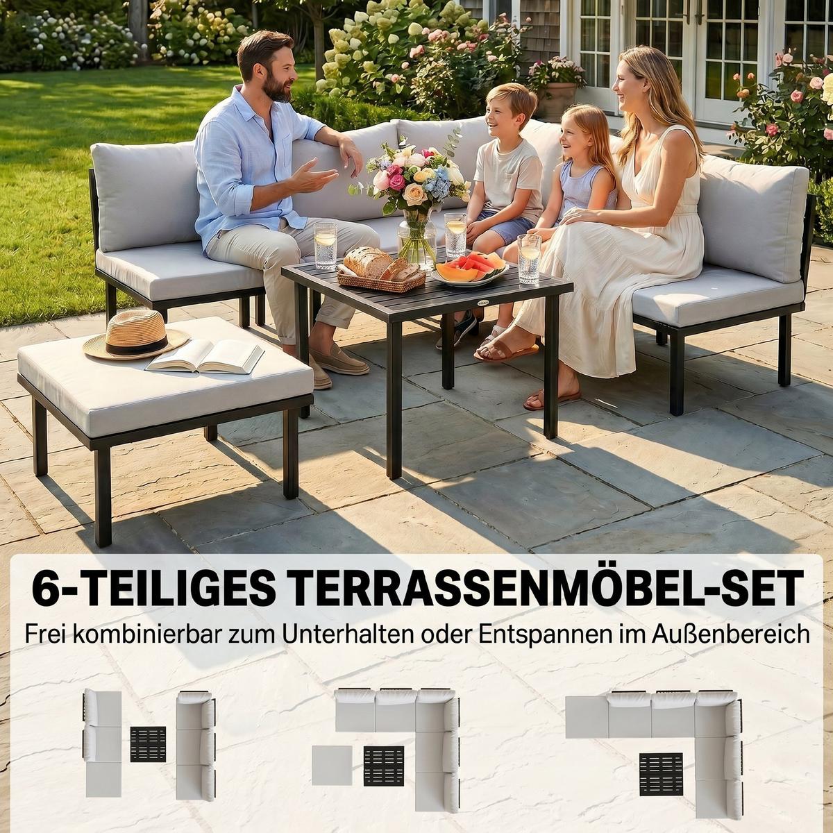 GARTENLOUNGE-SET 6er Set Metall Polyester Hellgrau - Hellgrau/Schwarz, Textil/Metall - Outsunny