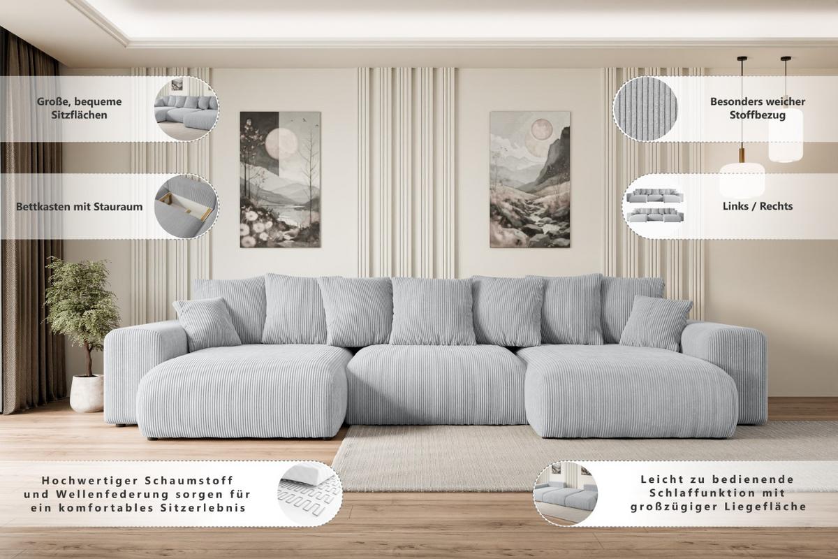 WOHNLANDSCHAFT mit Schlaffunktion ESKAR-U -364x176x72cm Creme Cord - Hellgrau/Creme, Holzwerkstoff/Kunststoff (364/72/176cm) - ALTDECOR