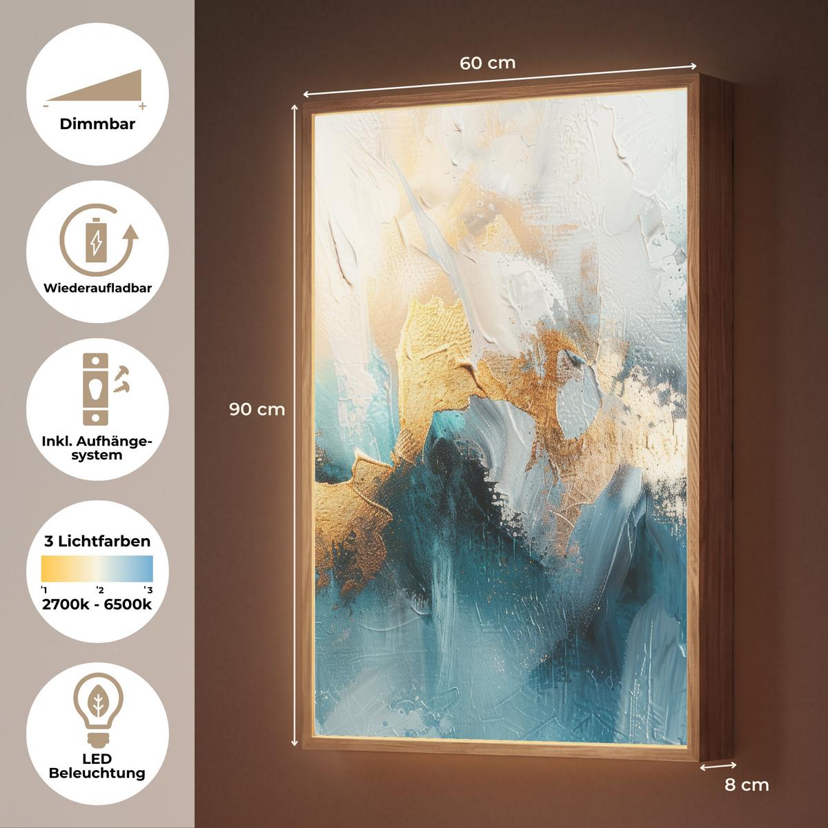 WANDLEUCHTE MIT AKKU Abstrakt - Kunst - Gold - Blau 60x90 cm - Türkis, Holzwerkstoff (60/90/8cm) - OnlyWow