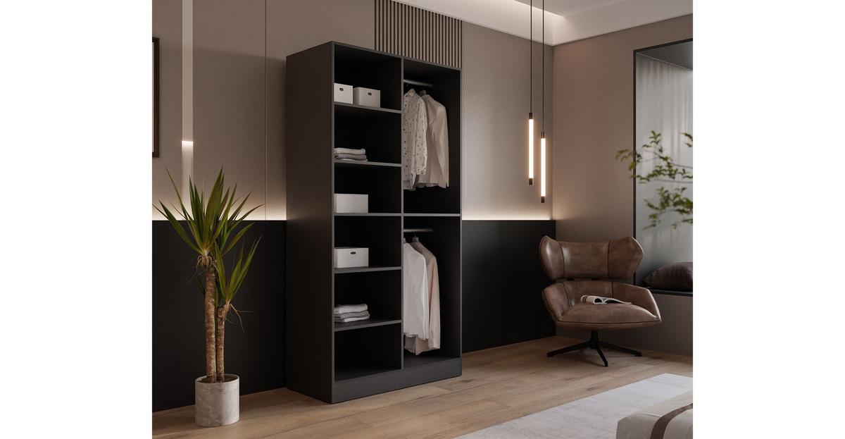 KLEIDERSCHRANK SANDBOX MODERN 100 101/49/200 cm Schwarzgraphit / schwarzes Glas mit LED ohne Zusatzböden - Schwarz, Holzwerkstoff/Kunststoff (101/200/49cm) - Lookway