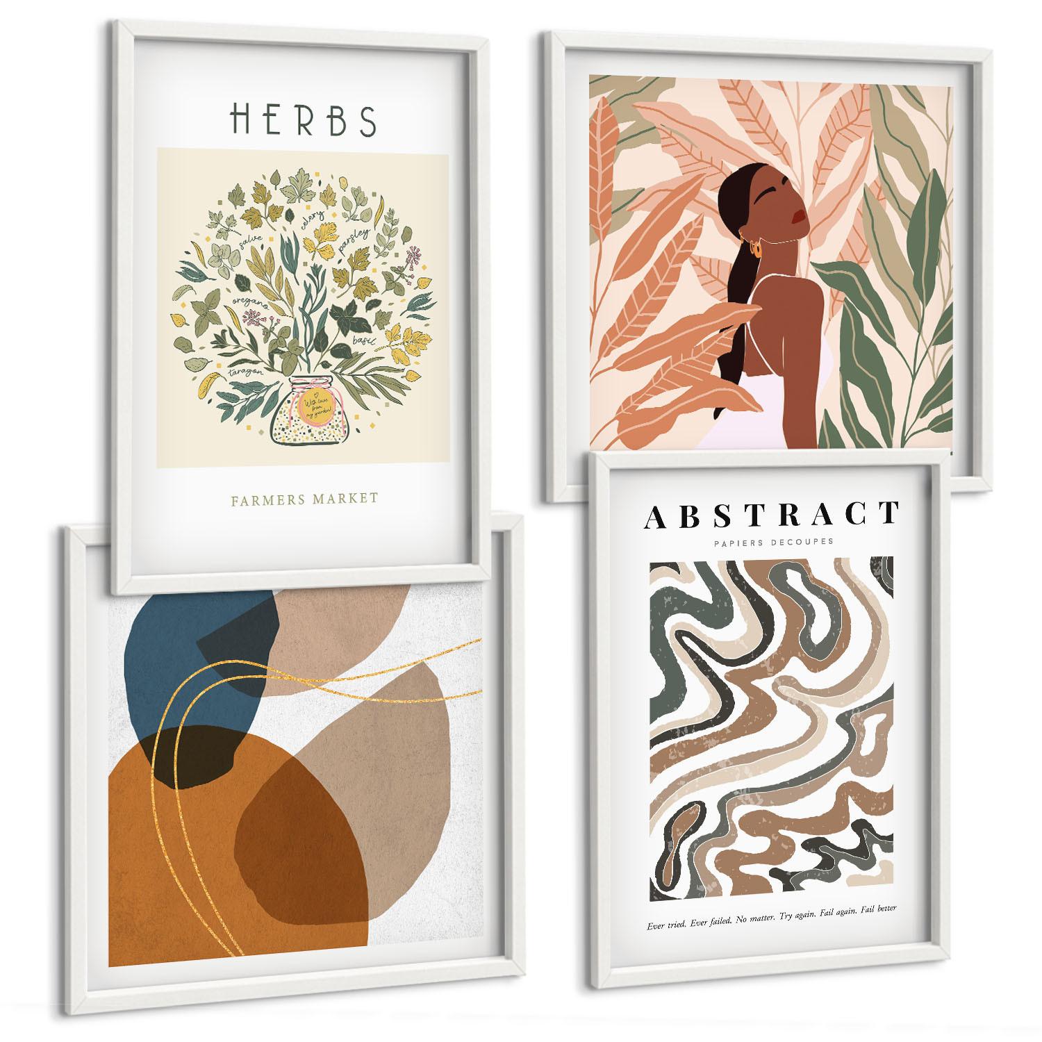 BILDER SET 4er Set - 50x50 cm & 40x60 cm Weißer Rahmen - Boho-Ästhetik, Pastellposter - Weiß, Kunststoff (50/50cm) - TULUP