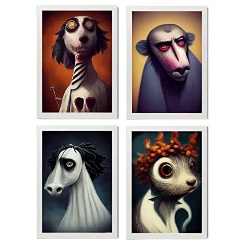 POSTER Set mit 4 Neugierig Tier im T Burton Goth Stil A4 Weißer Rahmen - Weiß, Papier (29.7/3cm) - Nacnic
