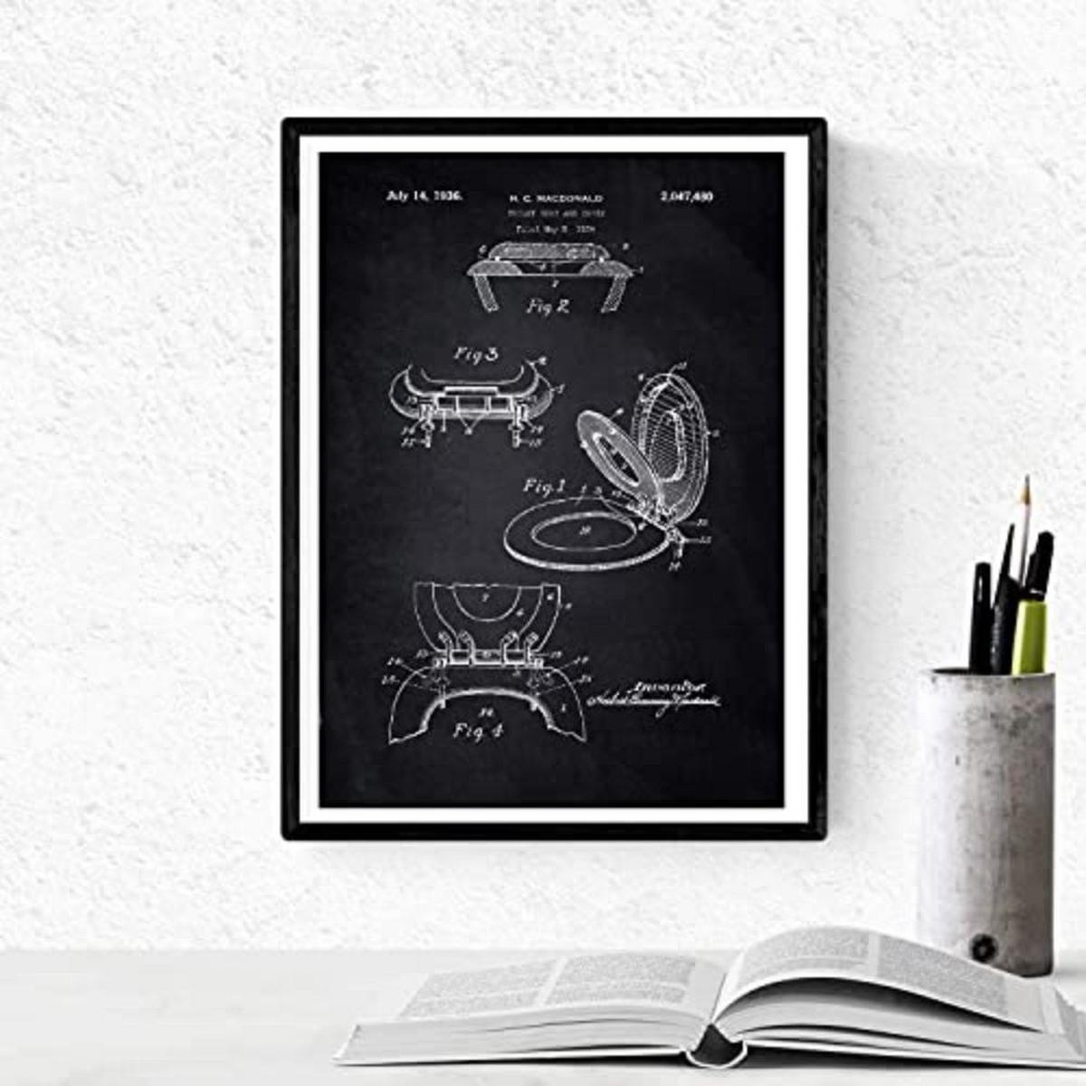 POSTER Set mit 4 Schwarz Badezimmer Patent A3 Schwarzer Rahmen - Schwarz, Papier (29.7/3cm) - Nacnic