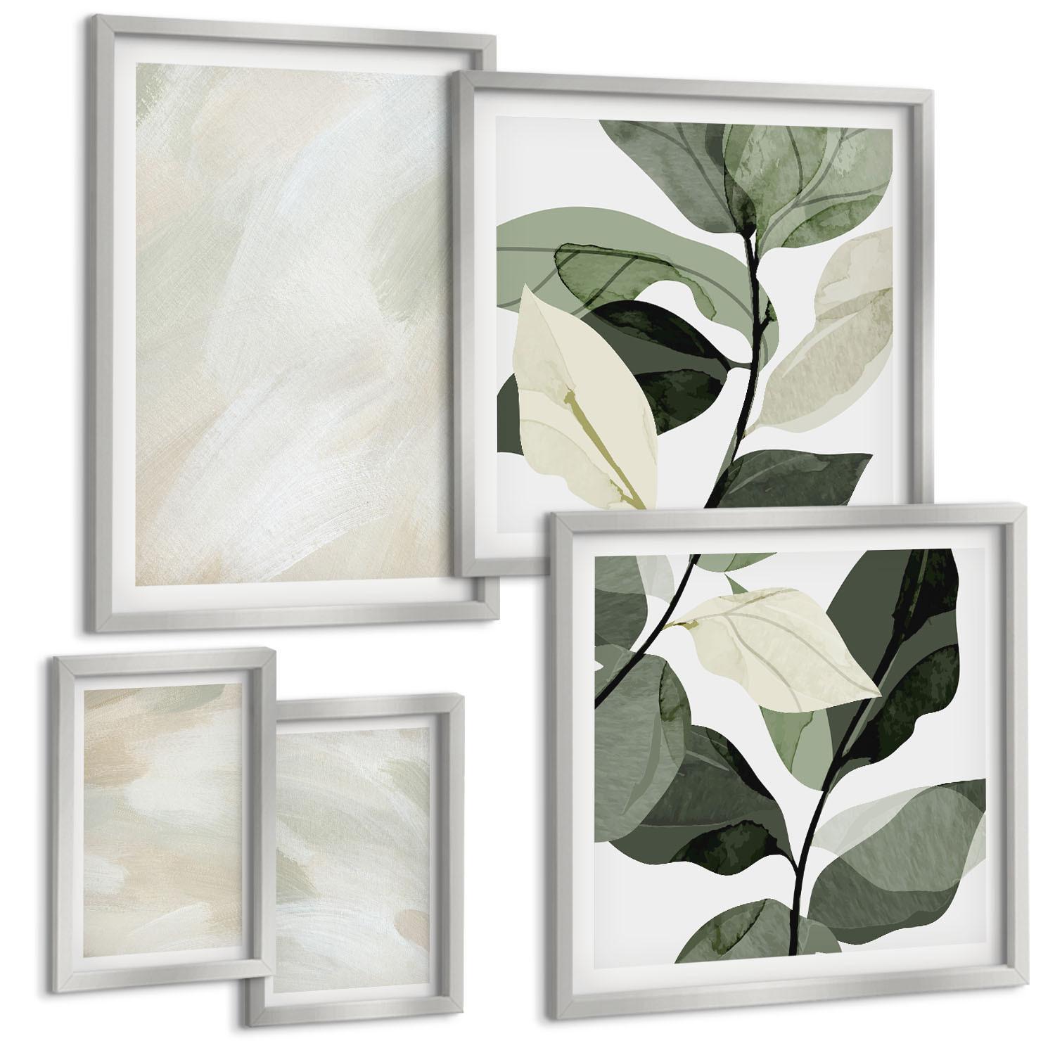 BILDER SET 5er Set - 50x50 cm & 20x30 cm & 40x60 cm Silberner Rahmen - Leuchtende, abstrakte Boho-Farben - Silberfarben, Kunststoff (40/60cm) - TULUP