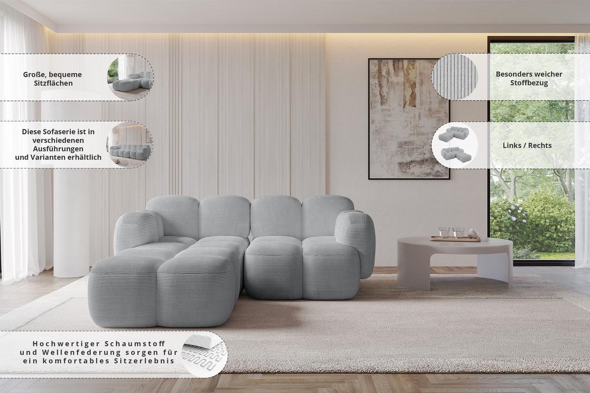 ECKSOFA modulares Sofa Links Miko-L1 214x205x75 Rosa Cord - Schwarz/Rosa, Holzwerkstoff/Kunststoff (214/205cm) - ALTDECOR