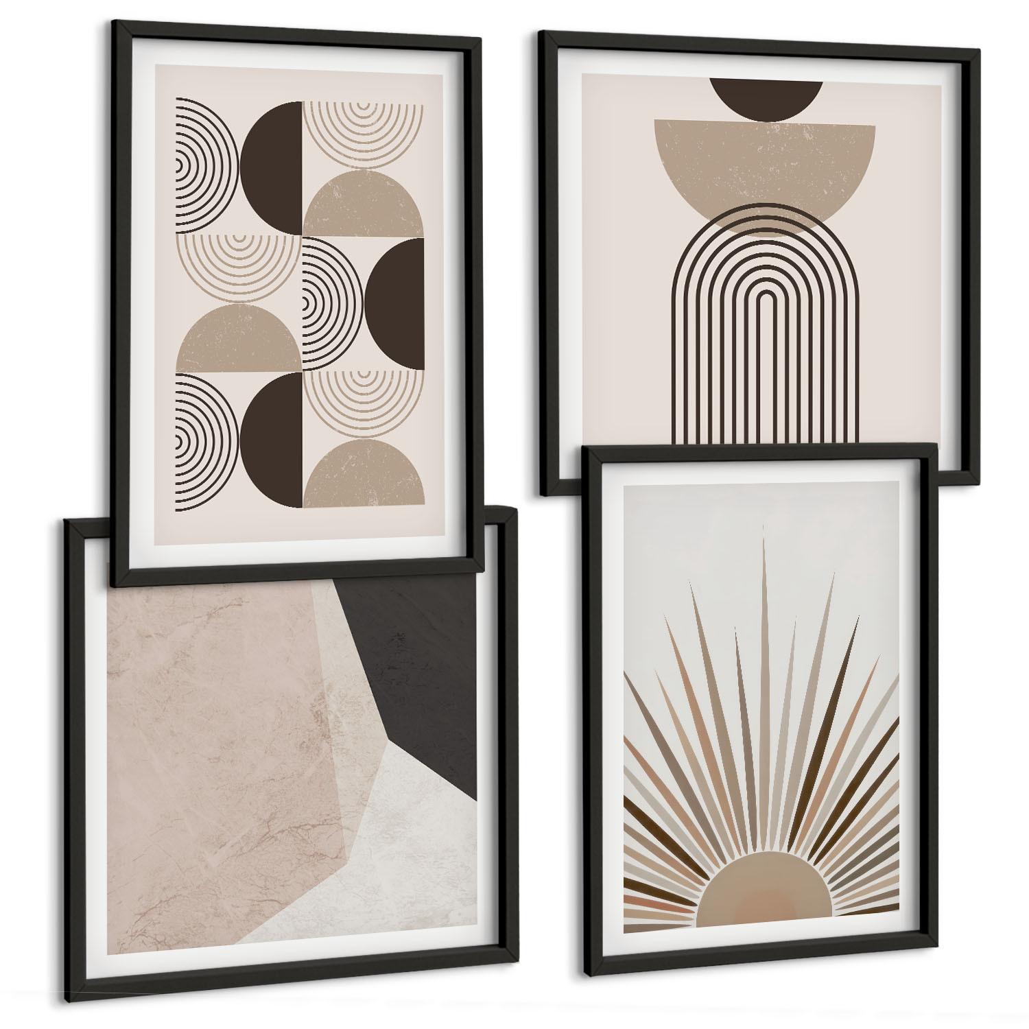 BILDER SET 4er Set - 50x50 cm & 40x60 cm Schwarzer Rahmen - Abstrakte beige und braune Formen - Schwarz, Kunststoff (50/50cm) - TULUP