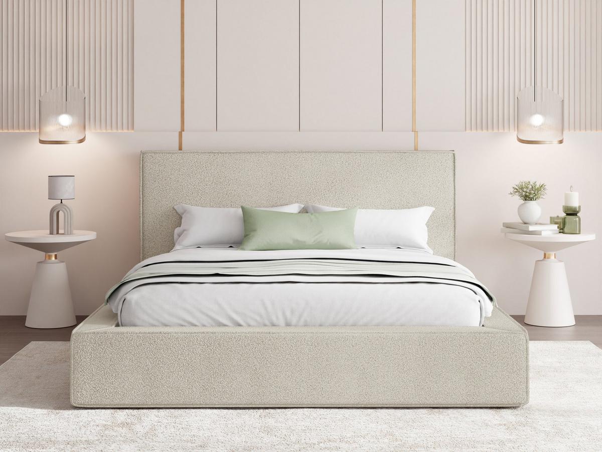 POLSTERBETT Merlin mit Bettkasten, Metall-Lattenrost & hohem Kopfteil in Creme Bouclé 120x200 cm - Birkefarben/Creme, Kunststoff/Textil (120/200cm) - WFL GROUP