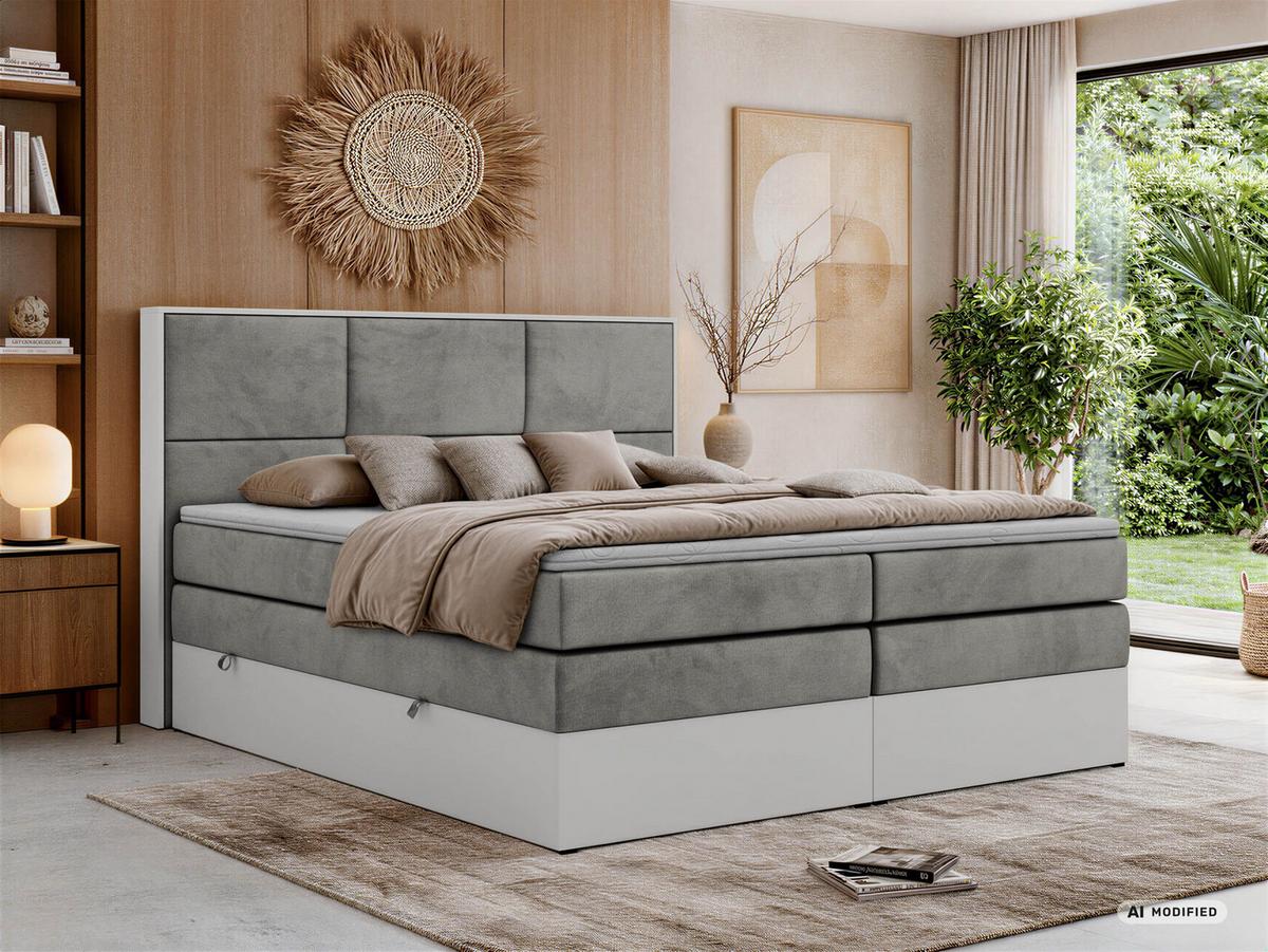 BOXSPRINGBETT DELVIT KING 140/200 - Hellgrau Velvet - Topper Visco - H3 - Hellgrau/Schwarz, Kunststoff/Textil (140/200cm) - MKS