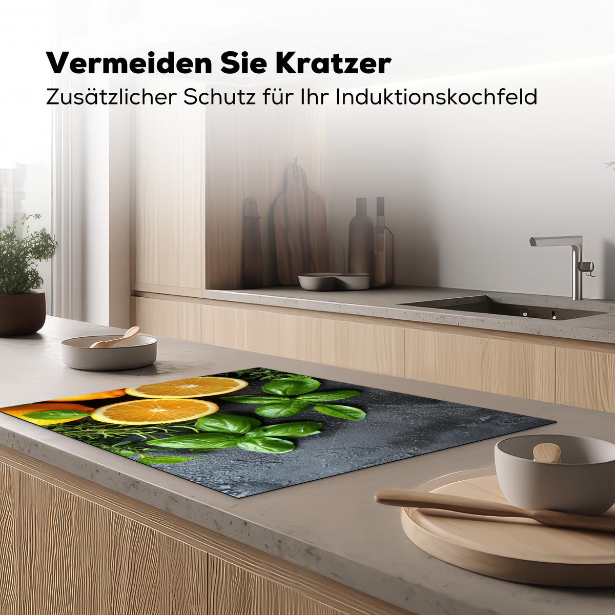 HERDABDECKPLATTE Obst - Grau - Konkret - Orange - Pflanzen Induktionsmatte 77x59 cm - Anthrazit, Kunststoff (77/59/0.2cm) - MuchoWow